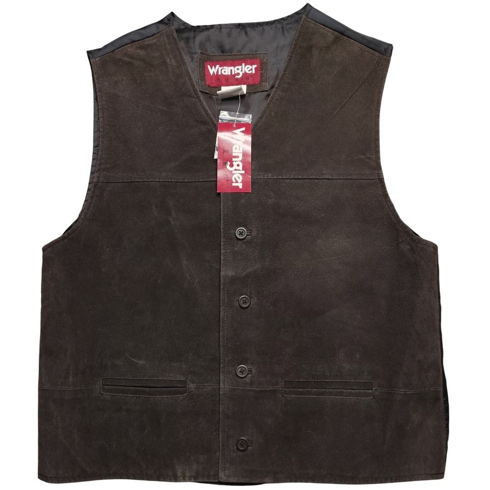 Wrangler Hero Leather Vest Mens M Tobacco Brown New 5 Button Cinch Back Vest
